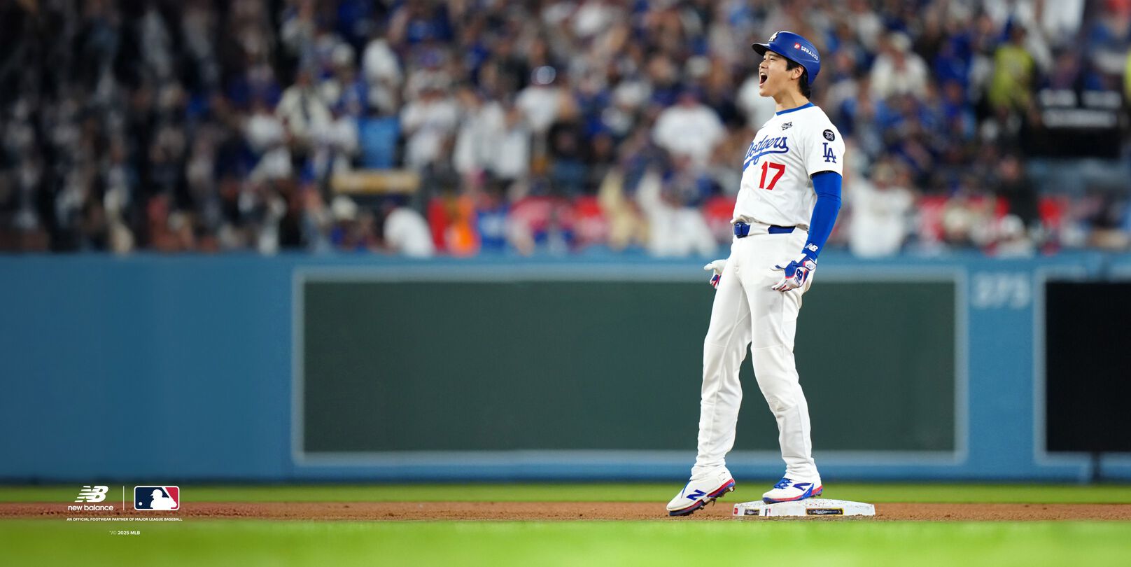 Ohtani celebrating on a baseball diamond in a Dodgers uniform. 