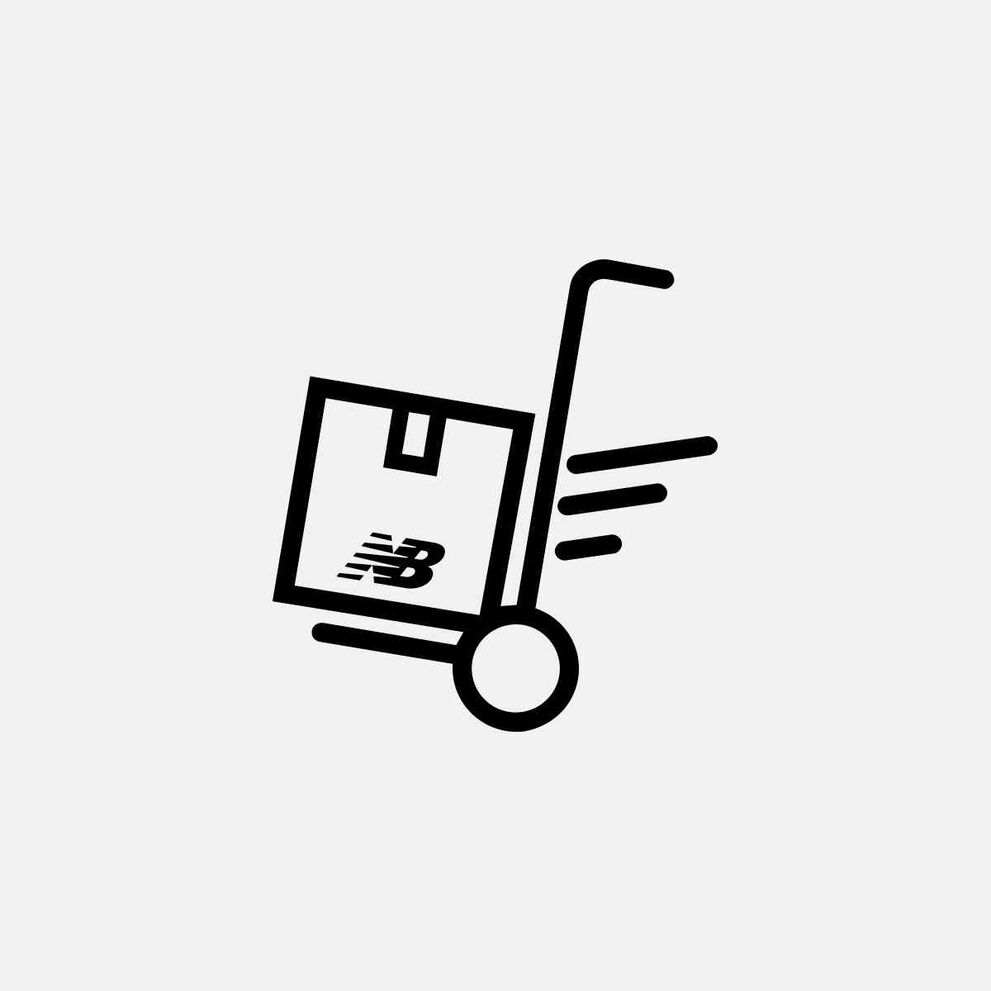 Line icon of a delivery cart carrying a box with a New Balance logo and motion lines, representing fast or efficient shipping.