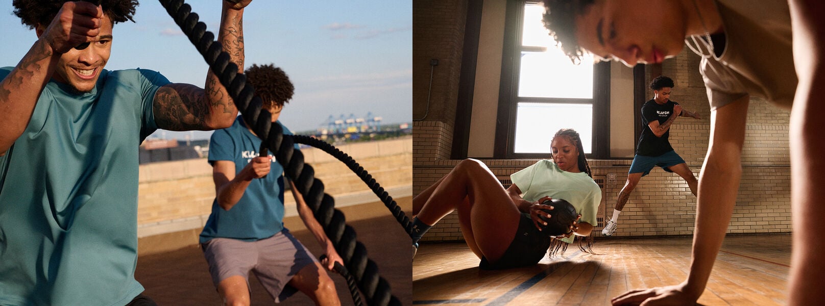 Person using battle ropes during an outdoor workout session with another participant on a rooftop training area.