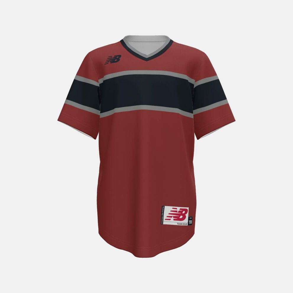 Maroon short-sleeve athletic jersey with a V-neck and horizontal navy and gray chest stripes, featuring a New Balance logo on the upper chest and a branded tag near the hem.