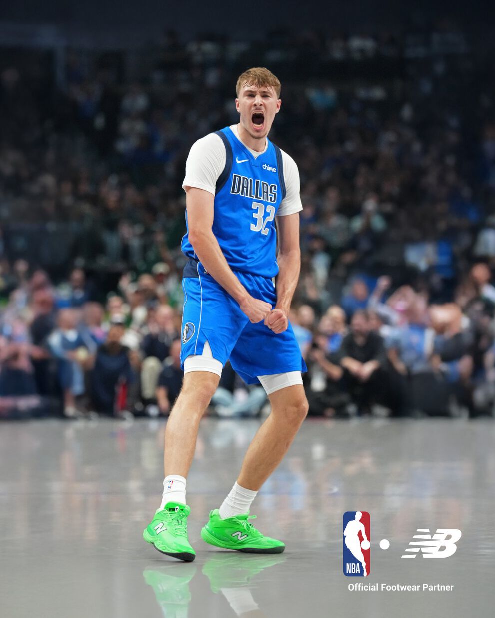 Dallas Mavericks player wearing a blue jersey with number 32, white undershirt, and bright green New Balance sneakers on a basketball court during a game.