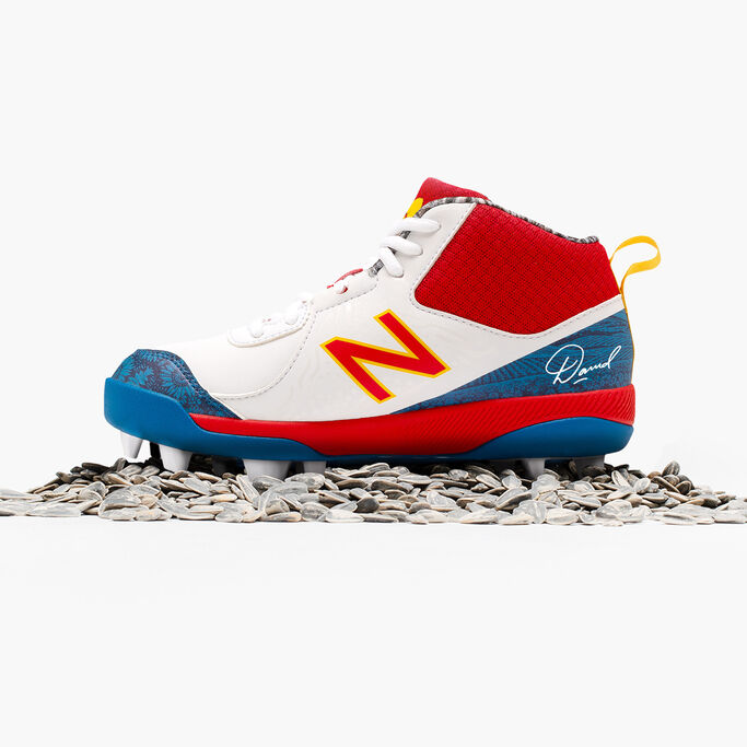 Red, white and blue molded cleat sitting on a pile of sunflower seeds.
