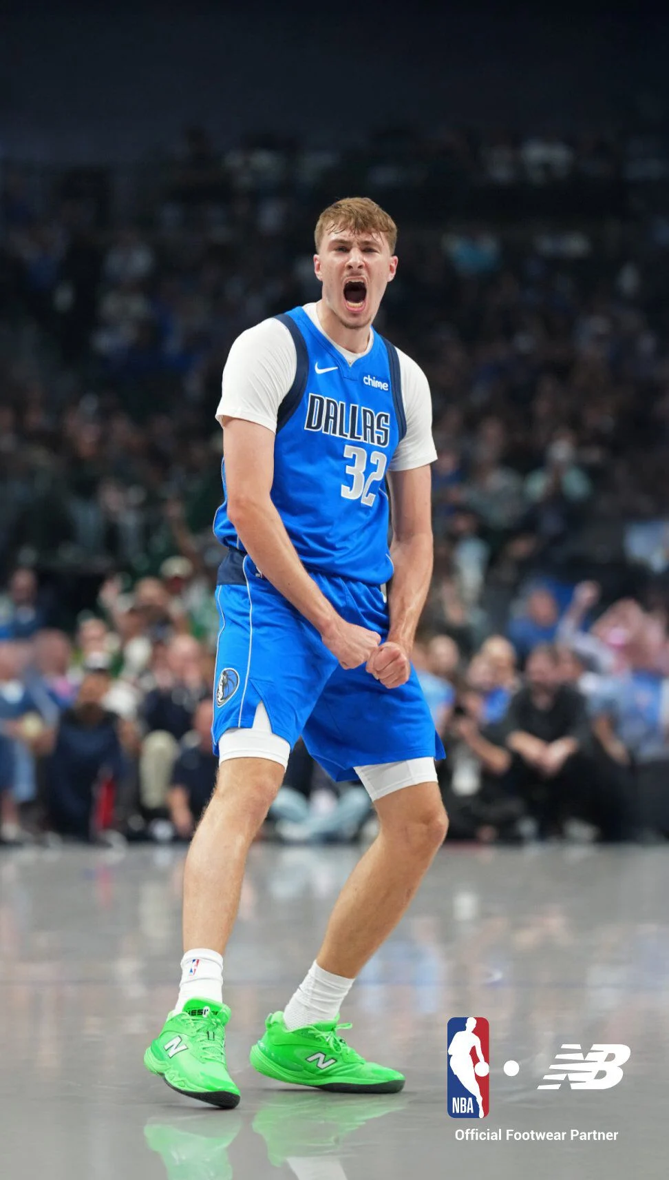 Dallas Mavericks player wearing a blue jersey with number 32, white undershirt, and bright green New Balance sneakers on a basketball court during a game.