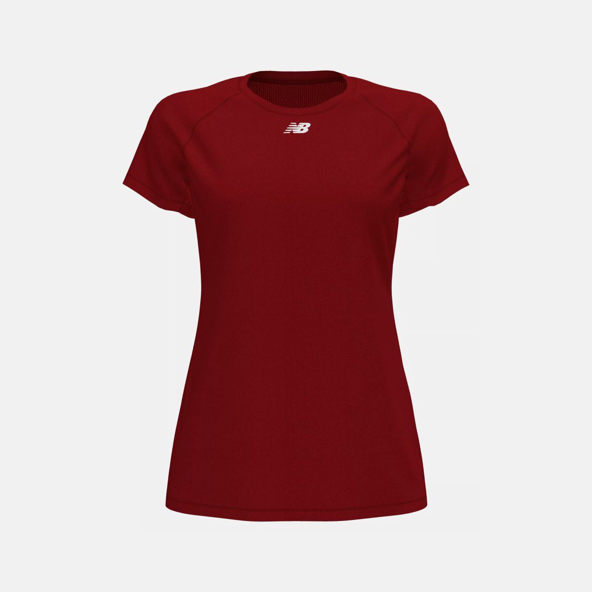 Fitted maroon short-sleeve performance T-shirt with a crew neckline and a small white New Balance logo centered below the collar.