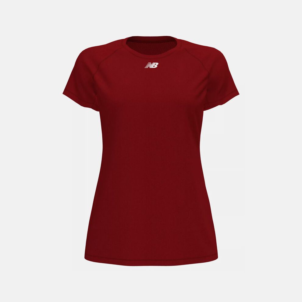 Fitted maroon short-sleeve performance T-shirt with a crew neckline and a small white New Balance logo centered below the collar.