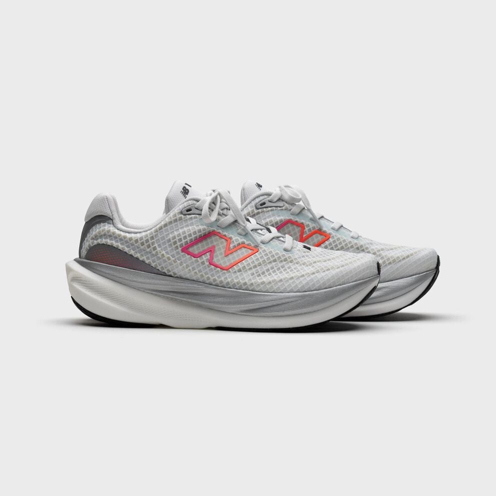 Pair of light gray New Balance running shoes shown in side profile on a neutral background, featuring a translucent mesh upper, thick cushioned midsole, and pink‑to‑orange gradient &ldquo;N&rdquo; logos.