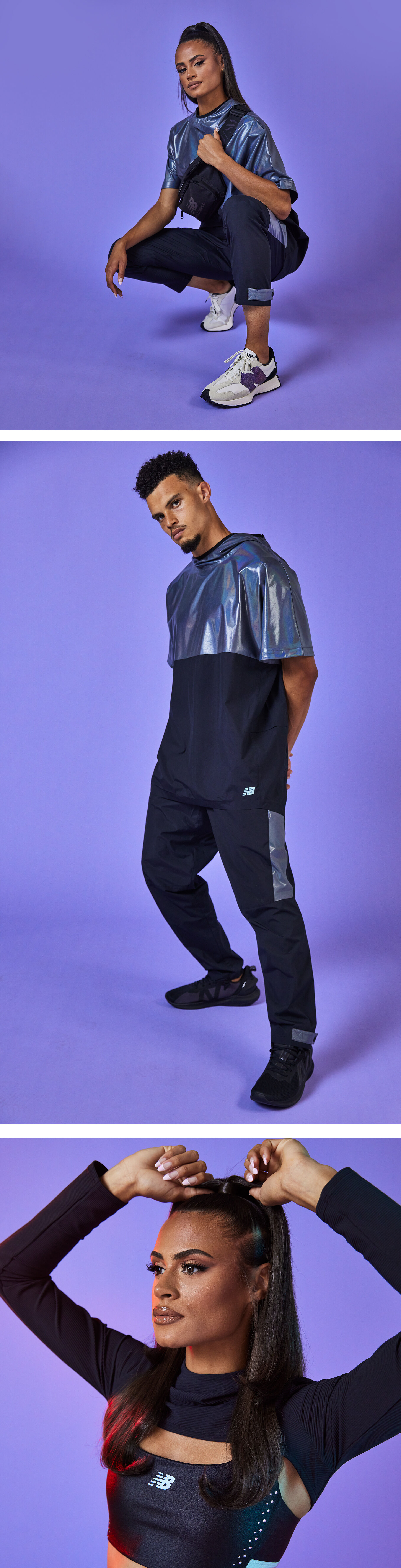 Three separate images in a look book format featuring Sydney McLaughlin, female hurdler, showcasing black and iridescent product from her signature collection. Featuring her brother Taylor in the middle image.