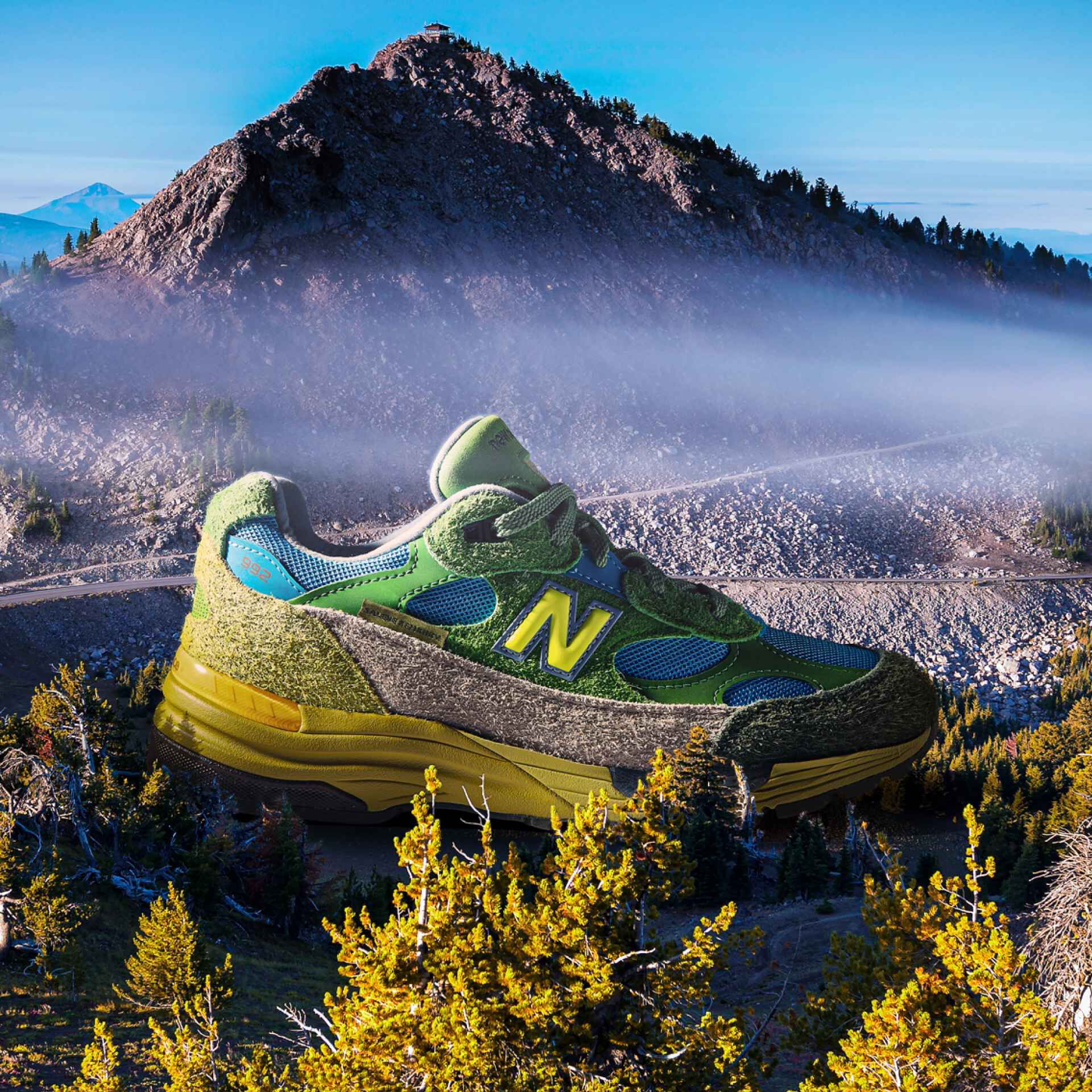  An enlarged shoe sitting in the middle of a forest with a mountain in the background.