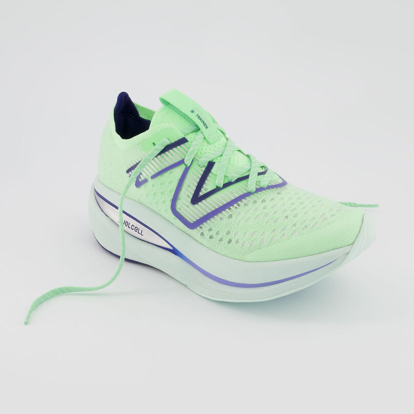Studio shot of right Womans Fuelcell SuperComp Trainer v1 shoe with laces untied.