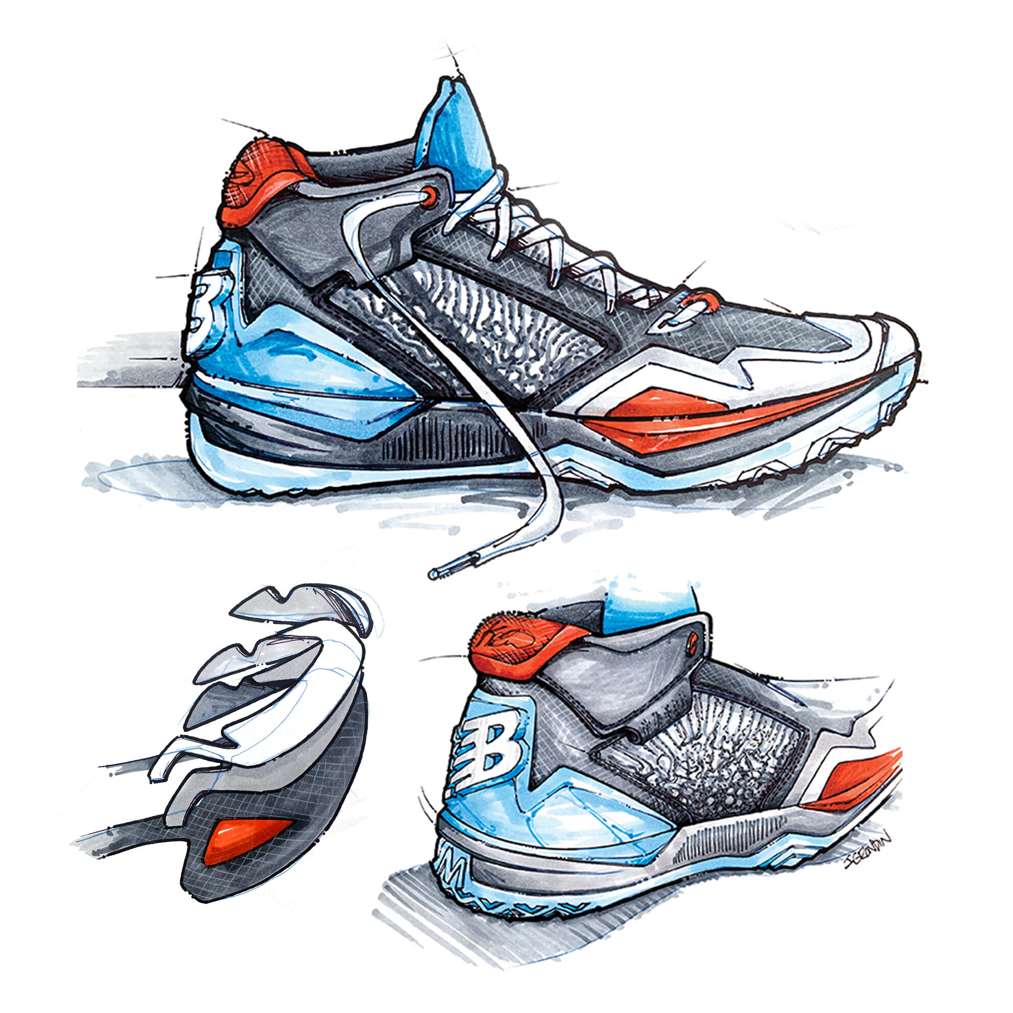 Three black and white, hand drawn sketches of the KAWHI signature shoe