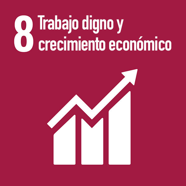 #8 trabajo digno y crecimiento económico con icono de color borgoña
