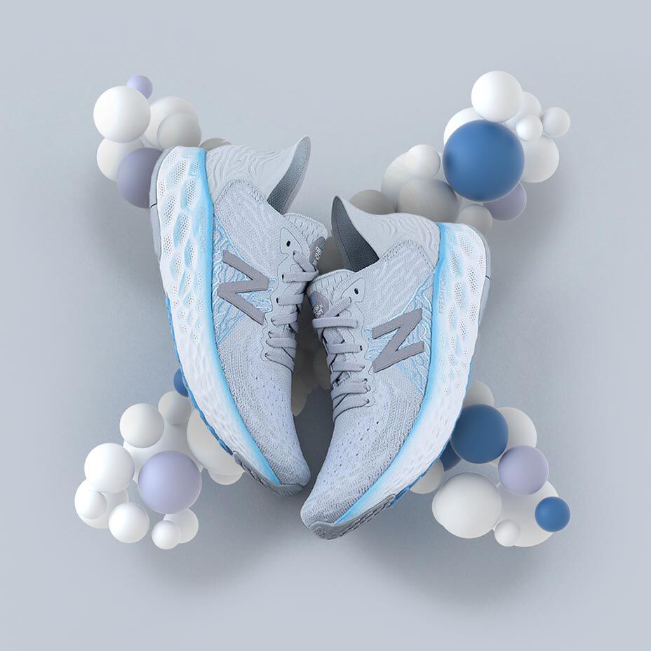 White and blue Fresh Foam 1080v10 on bubble X
