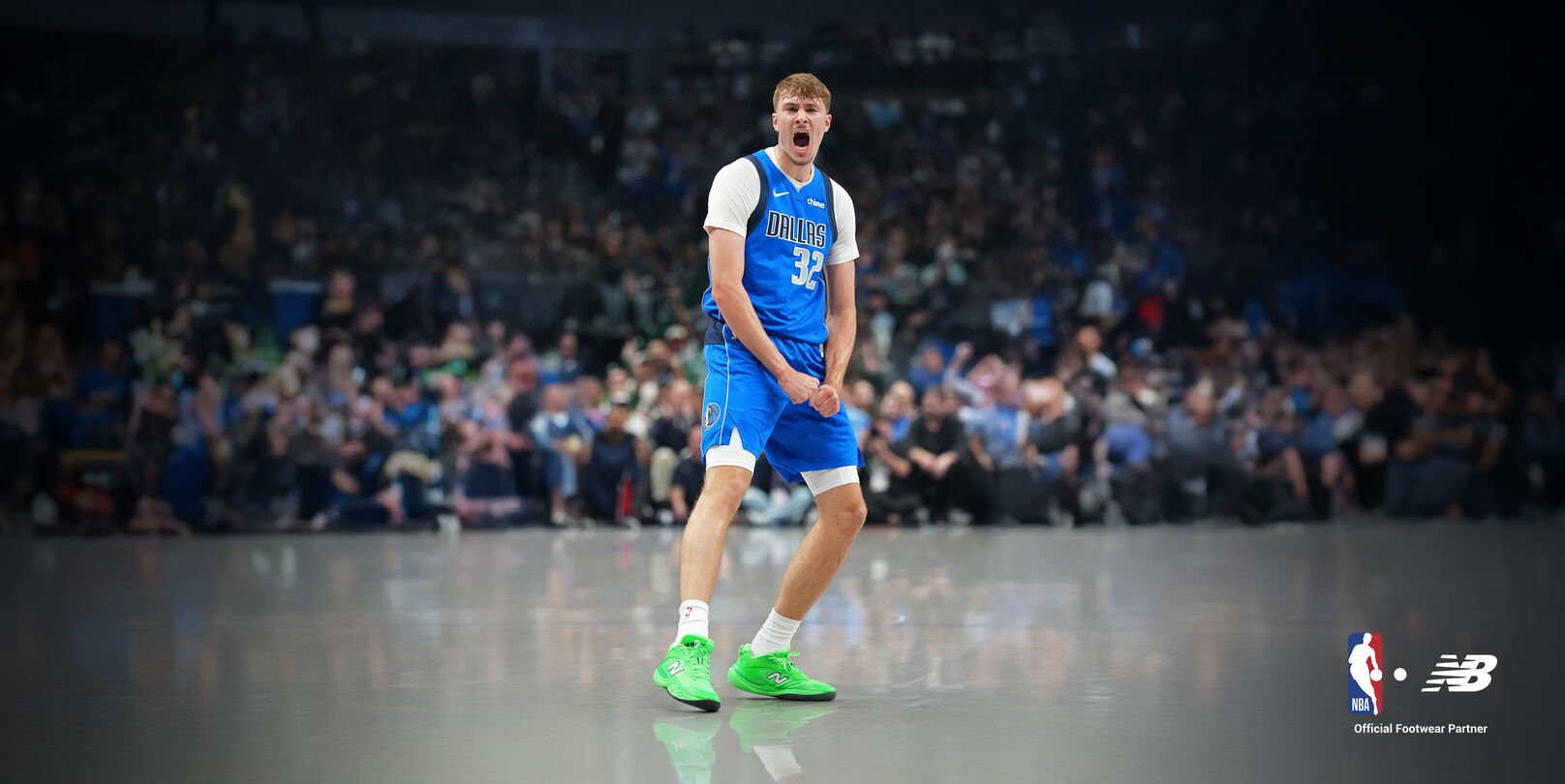 Dallas Mavericks player wearing a blue jersey with number 32, white undershirt, and bright green New Balance sneakers on a basketball court during a game.