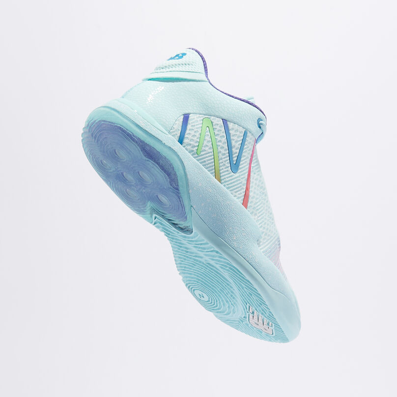 Light blue basketball shoe floating on a grey background