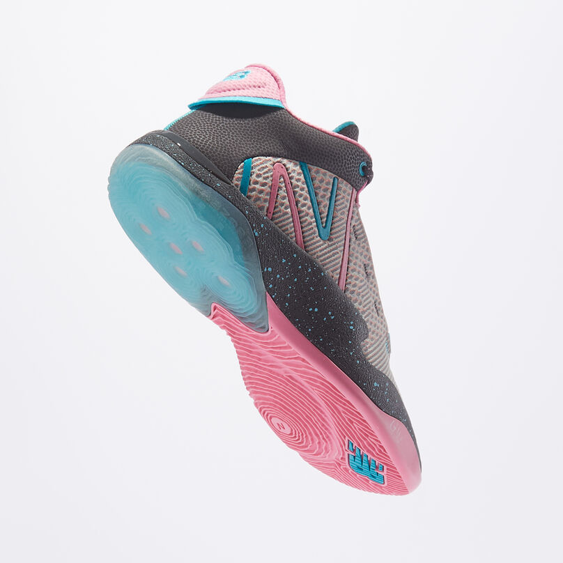 Floating shoe showing the blue and pink outsole.