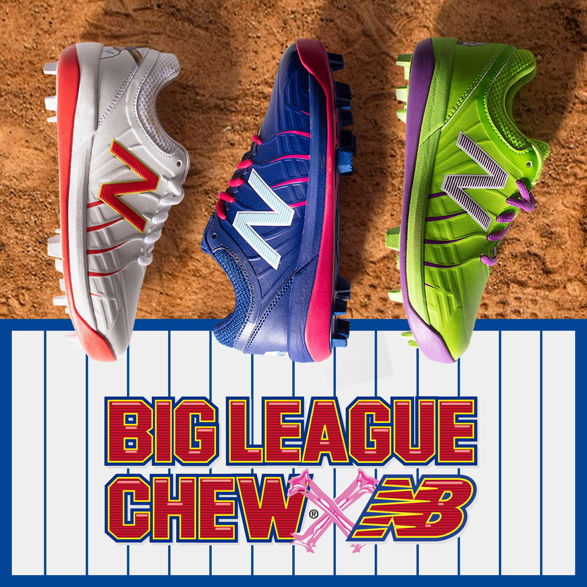 Big League Chew collaboration with 4 junior cleats on a dirt field.
