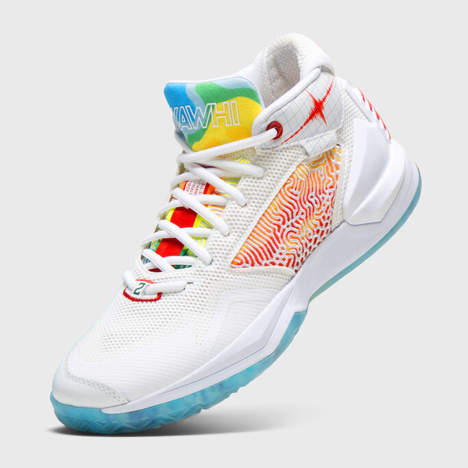 Lateral side of the shoe pointing down on the ground with the heel in the air.