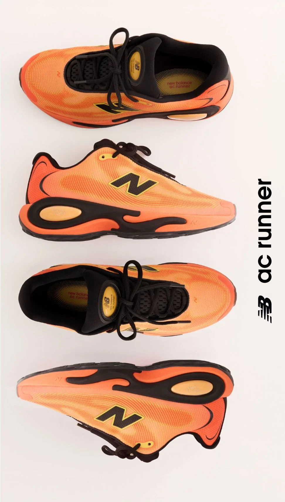 Two pairs of orange AC Runner shoes on a white background. 