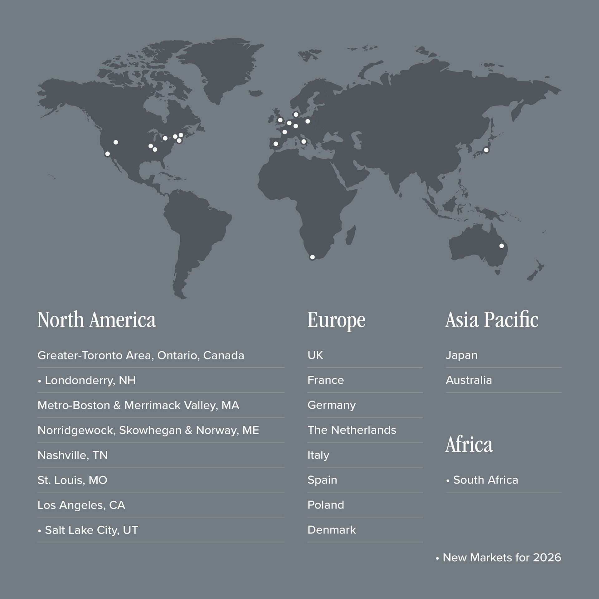 Mapa que muestra las zonas geogr&aacute;ficas en las que la Fundaci&oacute;n New Balance concede subvenciones e incluye Estados Unidos, Canad&aacute;, Reino Unido y partes de Europa.	